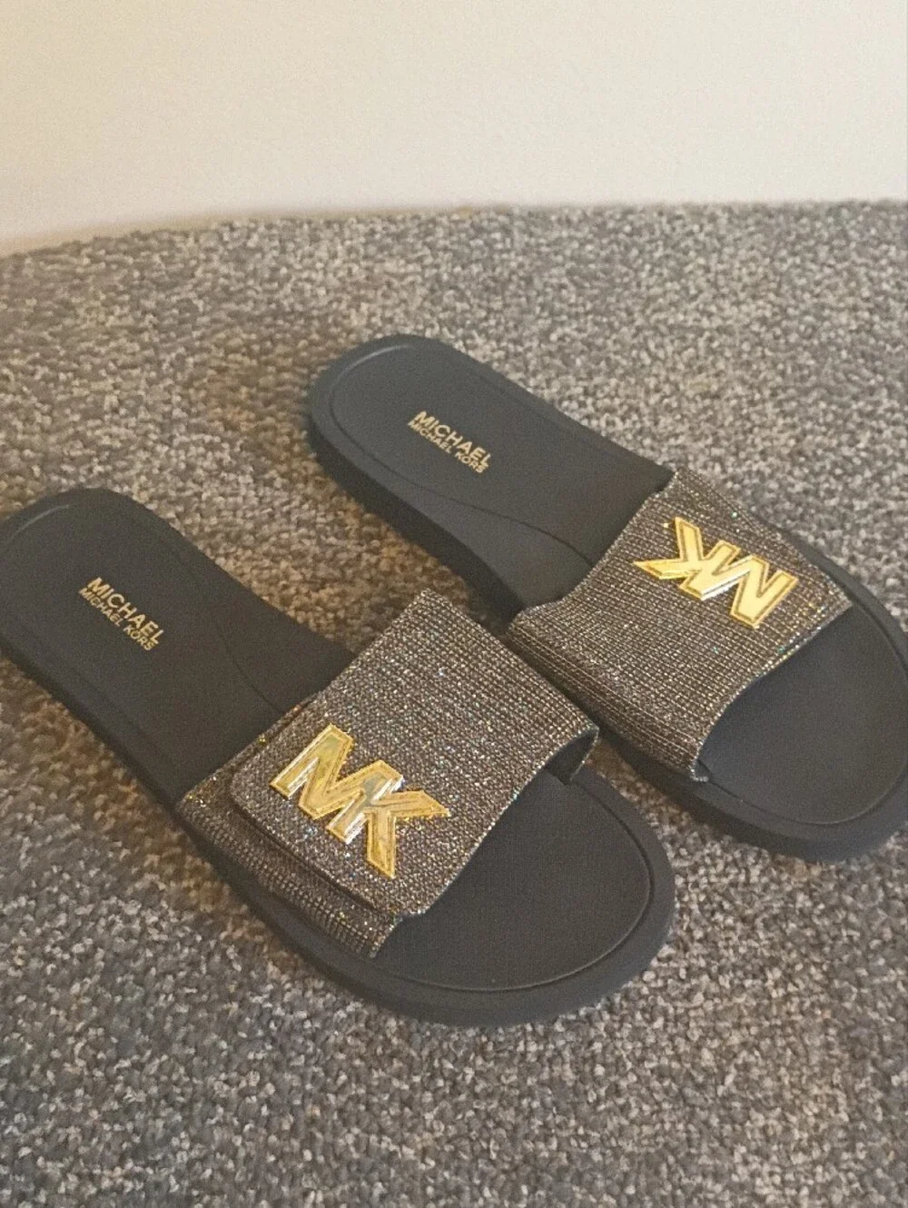 Michael Kors Black Slide Sandals with Gold MK Emblem
